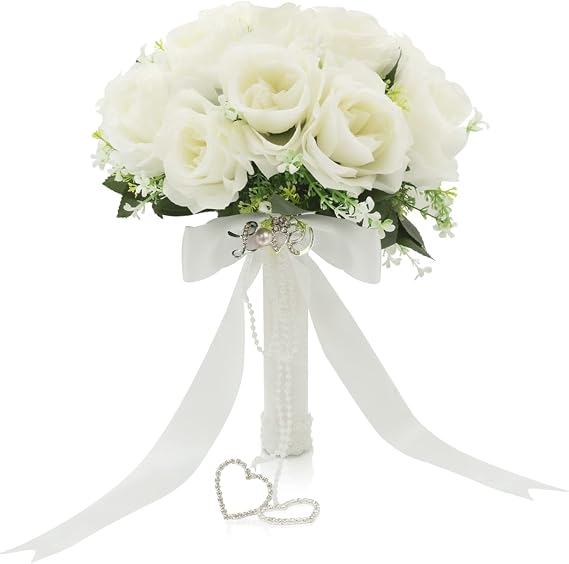 LEIFENY Wedding Bouquets for Bride, White Bridal Bridesmaid Wedding Flowers with Silk Ribbon and Rhinestones, Artificial Toss Rose for Civil Ceremony