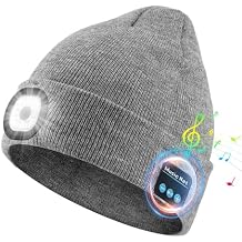 Rotibox Bluetooth Beanie with Light, Unisex USB Rechargeable 4 LED Headlamp Hat, Wireless Headphones Gray
