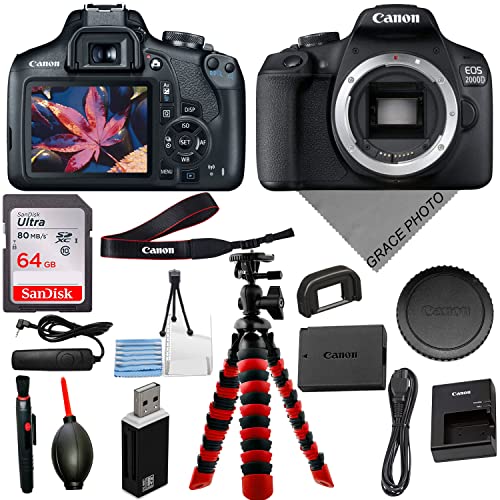 Canon EOS 2000DRebel T7 Body Bundle: Includes Sturdy Tripod, 64GB Memory Card, USB Reader  More