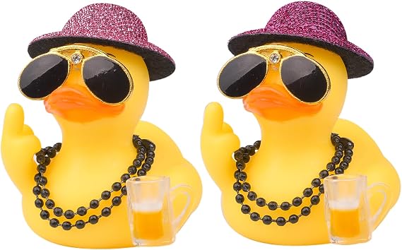 Rubber Duck Dashboard Decoration, Car Yellow Funny Duck Decor with Cowboy Hat Necklace Sunglasses Mini Prop Instrument for Cool car Accessories