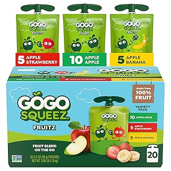 GoGo squeeZ No Sugar Added Applesauce and Fruit Puree Variety Pack, Apple, Banana & Strawberry, 3.2 oz Pouches Pack of 20, Fruit Snacks for Kids, Gluten Free, Nut Free, Recloseable Cap, BPA Free